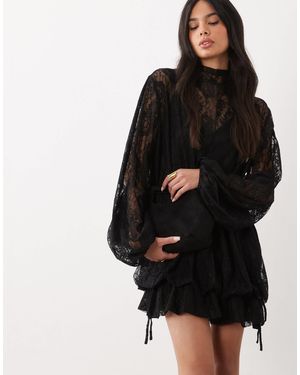 ASOS Lace Mini Dress With Blouson Sleeve And Hem Detail - Black