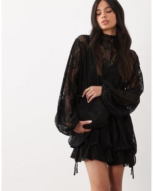 ASOS Spitzen-minikleid mit blousonärmeln und saumdetail - Schwarz