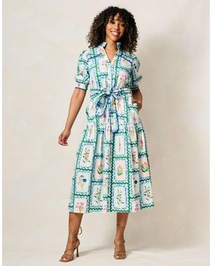 Hope & Ivy The Lilith Button Front Midi Dress With Tiered Skirt And Tie Waist - Blue