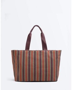 Oysho Striped Canvas Tote Bag - Brown