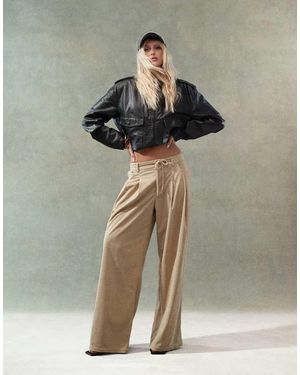 Lioness Corduroy Slouchy Low Rise Tie Detail Wide Leg Trousers - Green