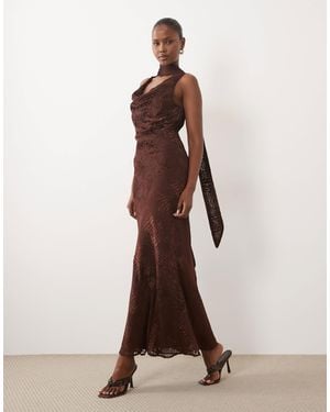 Pretty Lavish Ainsley Devore Cowl Neck Scarf Detail Maxi Dress - Brown