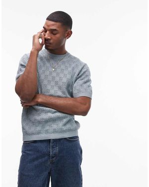 TOPMAN Gebreid, Geruit Gehaakt T-Shirt - Blauw