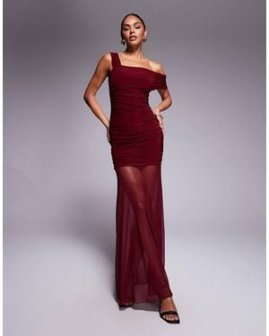 Kaiia Exclusive Double Laye Slinky Asymmetric One Shoulder Sheer Hem Maxi Dress - Red