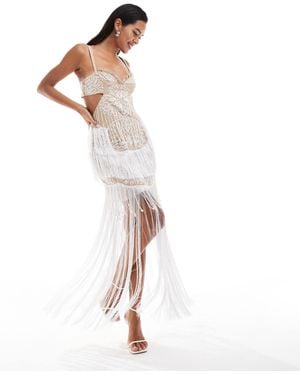 ASOS Cupped Embellished Cut Out Maxi Dress With Fringing - White