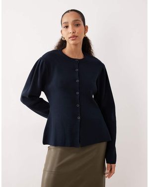 ASOS Structured Knit Nipped Waist Puff Sleeve Cardigan - Blue