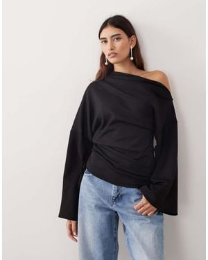 ARRANGE Jersey Off The Shoulder Wide Sleeves Top With Ruched Hem - Black