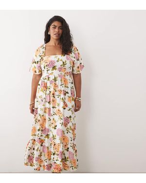 Vila Curve Midi Jurk Met Vierkante Hals, Pofmouwen En Bloemenprint - Roze