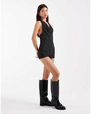 Miss Selfridge Glitter Cowl Neck Playsuit With Scarf Detail - White