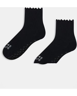 4505 2 Pack Non Slip Grip Lettuce Edge Pilates Crew Socks - Black