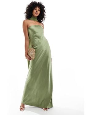Six Stories Bridesmaid Satin Maxi Dress With Chiffon Neck Scarf - Green