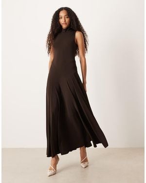 Mango Vestido Largo Negro Con Cuello Alto De Encaje De La Colección Capsule De - Marrón