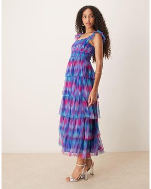 ANAYA Abstract Watercolour Tiered Midaxi Dress - Blue