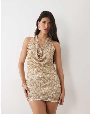 River Island Mini Jurk Met Halternek, Gedrapeerde Halslijn En Lovertjes - Naturel
