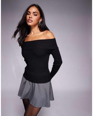Princess Polly Morley Ribbed Knit Bardot Thumb Hole Top - Black