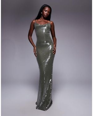 ASOS Sheer Sequin Cowl Neck Maxi Dress With Strappy Back - Gray