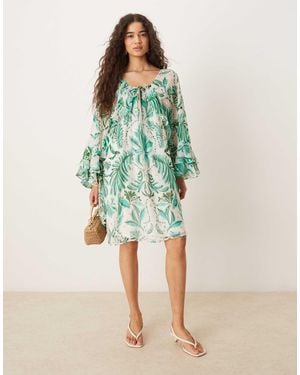 Hope & Ivy Tie Neck Frill Sleeve Mini Dress - Green