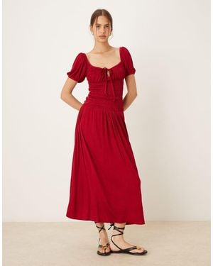 ASOS Crinkle Shirred Waist Milkmaid Puff Sleeve Tea Dress