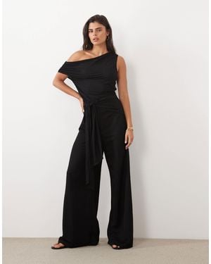 ASOS Tie Waist Detail Wide Leg Jersey Pants - Black
