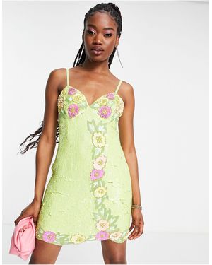 Miss Selfridge Premium Floral Sequin Cami Mini Dress - Yellow