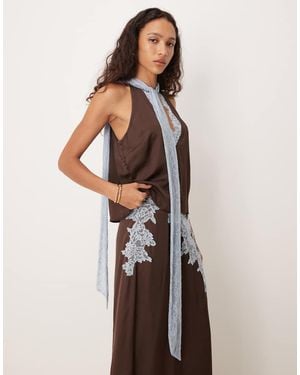 Never Fully Dressed Satin Lace Trim Scarf Neck Top Co-ord - White