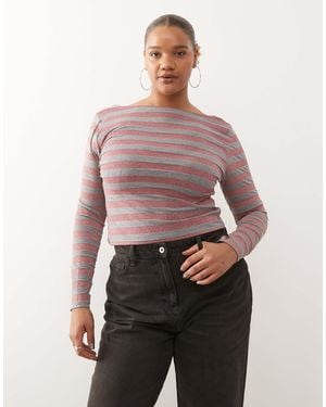 Collusion Plus Stripe Slash Neck Top - Red