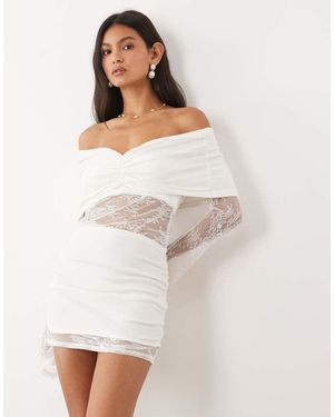 JW PEI Bridal Knitted Drape Off Shoulder Lace Insert Mini Dress - White