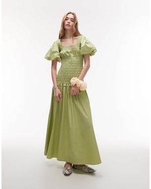 TOPSHOP Puff Sleeve Smocked Drop-Waist Cotton Maxi Dress - Green