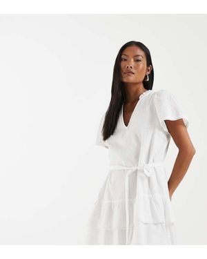 Vero Moda Poplin Tie Waist Lace Trim Ruffle Hem Mini Dress - White