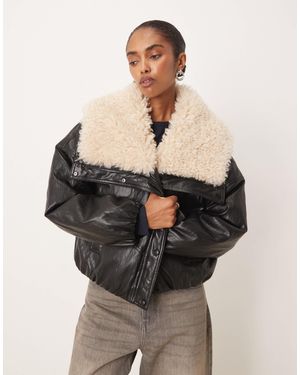 Mango Faux Leather Jacket With Oversized Borg Collar - Black