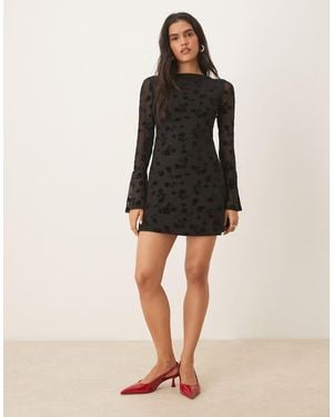 ASOS Flute Sleeve Floral Flocked Mesh Mini Dress - Black