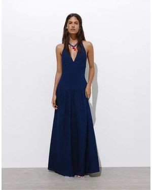 Pull&Bear Long Halter Denim Dress - Blue