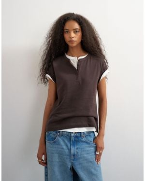 TOPSHOP Linen Blend Fitted Short Sleeve Henley - Brown