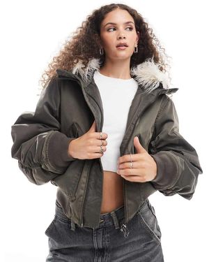 Weekday Gem Bomber Coat With Contrast Faux Fur Hood - Grey