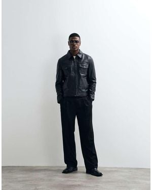 Barneys Originals Real Leather Zipped Harrington Jacket - Blue