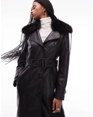 Mango Faux Leather Fur Collar Trench Coat - Black