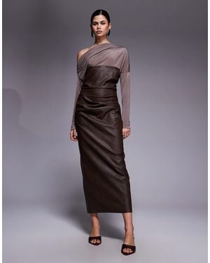 ASOS Fallen Shoulder Pu Bandeau Midi Dress - Brown