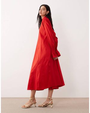Ghospell Vestido Semilargo Fruncido Con Cuello Alto Y Mangas Globo De Tafetán De - Rojo