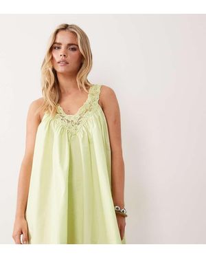 ASOS Asos Design Petite V Neck Smock Poplin Mini Dress With Lace Overlay - Green