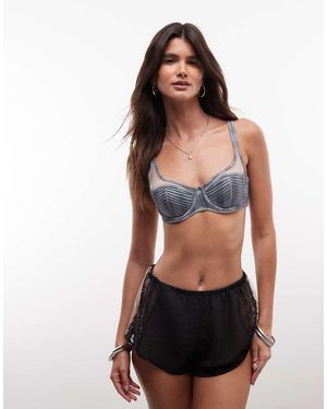 ASOS Rory Sujetador Acolchado De Satén Lavado Y Malla A Rayas Con Copa Alta Y Aros En Azul - Negro