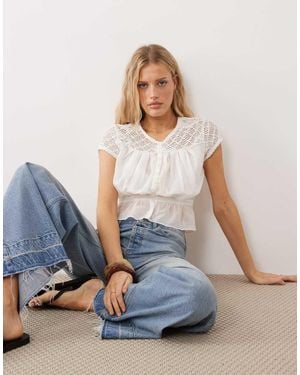 Free People Button Down Embroidered Short Sleeve Top - Blue