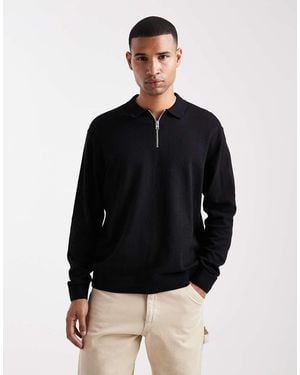 Jack & Jones Quarter Zip Knitted Polo - Black