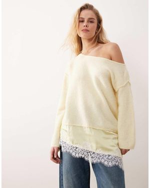 Miss Selfridge Fluffy Asym Jumper With Contrast Satin Lace Hem - Natural
