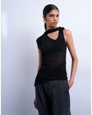 TOPSHOP Mesh V-neck Scarf Detail Top - Blue