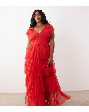 Lace & Beads Plus Vestido Largo Escalonado Con Detalle De Volantes De Tul - Rojo