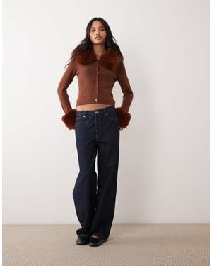 Miss Selfridge Button Through Cardigan With Fur Collar And Cuff - Brown