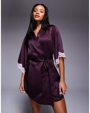 Boux Avenue Amelia Satin Robe With Lace Detail - Purple