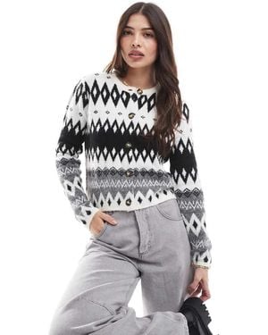 Threadbare Fairisle Print Button Cardigan - White