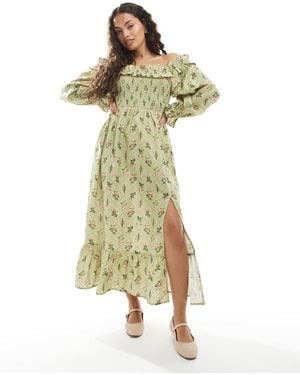 Miss Selfridge Printed Linen Bardot Maxi Dress - Green