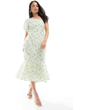 Maya Floral One Shoulder Peplum Midi Dress - Green